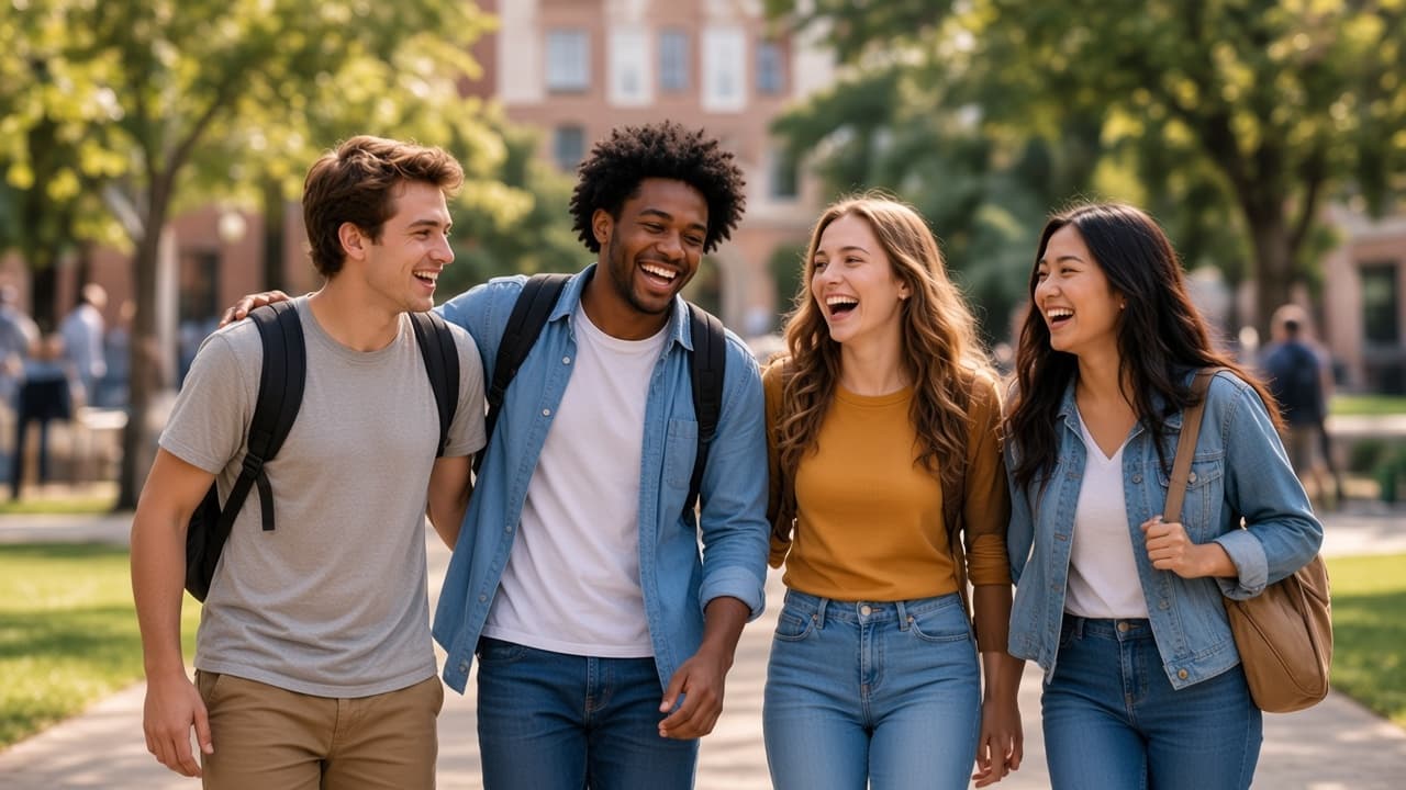 Four friends walking and laughing together on campus