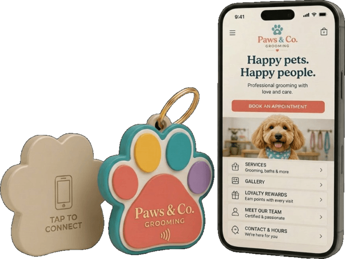 Paw-shaped NFC pet tag next to a phone showing a booking page