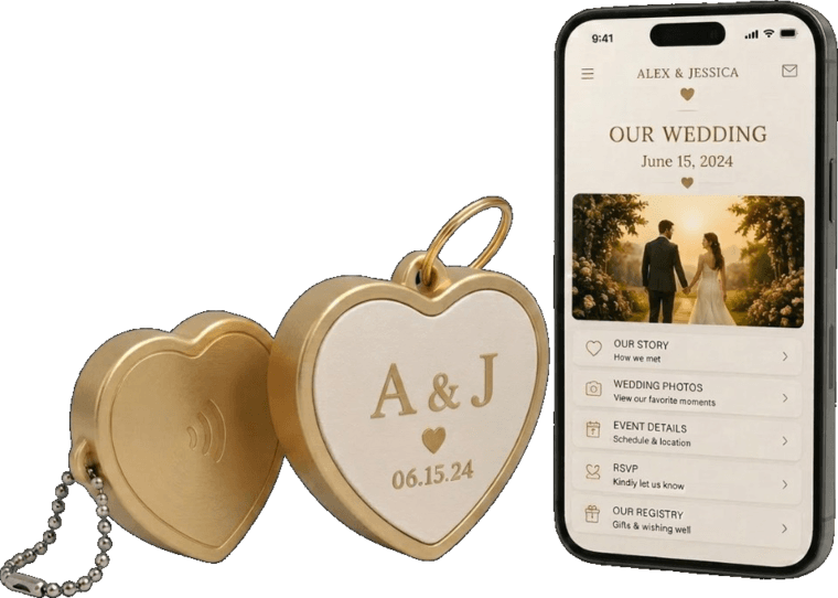 Heart-shaped gold NFC keepsake engraved with initials