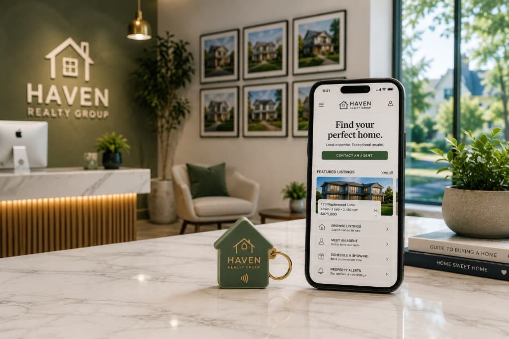 House-shaped NFC keepsake next to a phone showing property listings