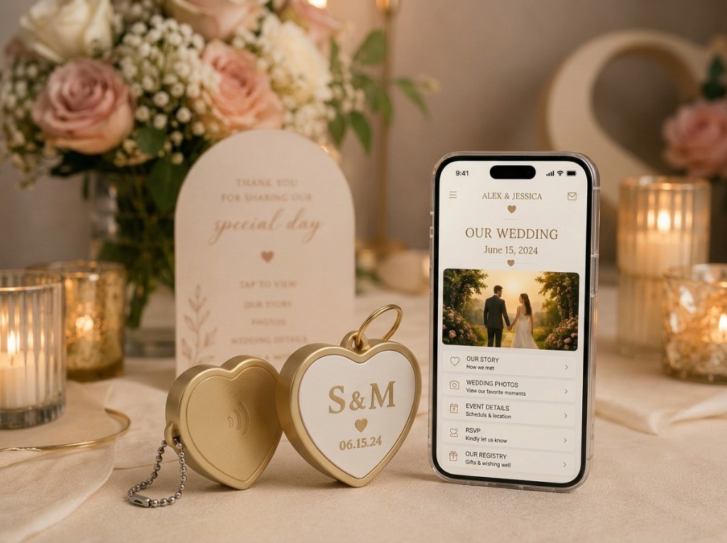 Heart-shaped NFC keepsakes beside a phone showing a wedding celebration page