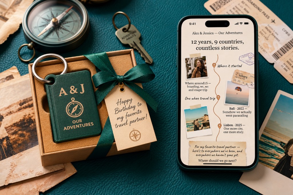 Our Adventures keepsake beside a phone open to a shared travel memory timeline